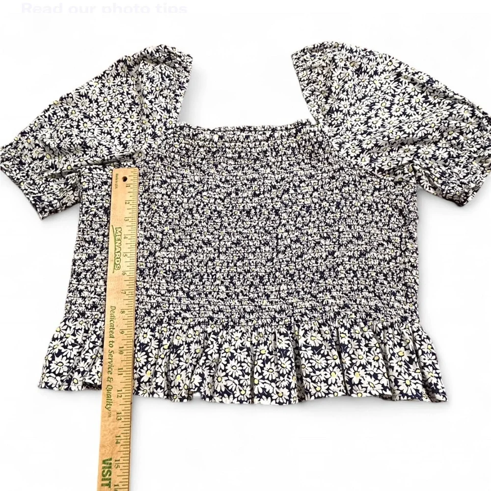 J CREW Black & White Daisy Print Blouse Square Neck Ruffle Hem XL, NWOT